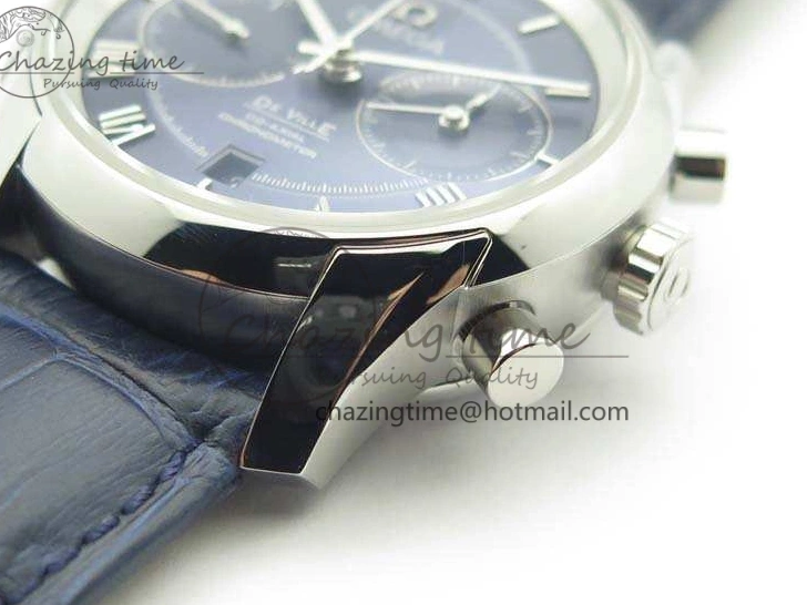 0308 MoistureWicking De Ville Chronograph SS OMF 1:1 Best Edition Blue Dial On Blue Leather Strap A 8110